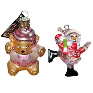 New Mom Baby's First Christmas Ornaments Duo Hand Blown Handpainted Glass